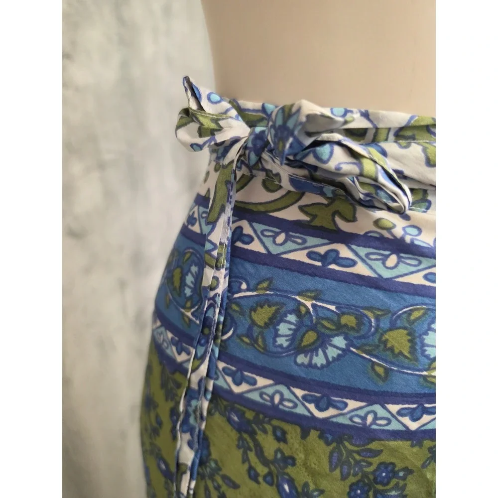 Vintage Silk Floral Wrap Maxi Skirt Blue Green Boho One Size Miss June